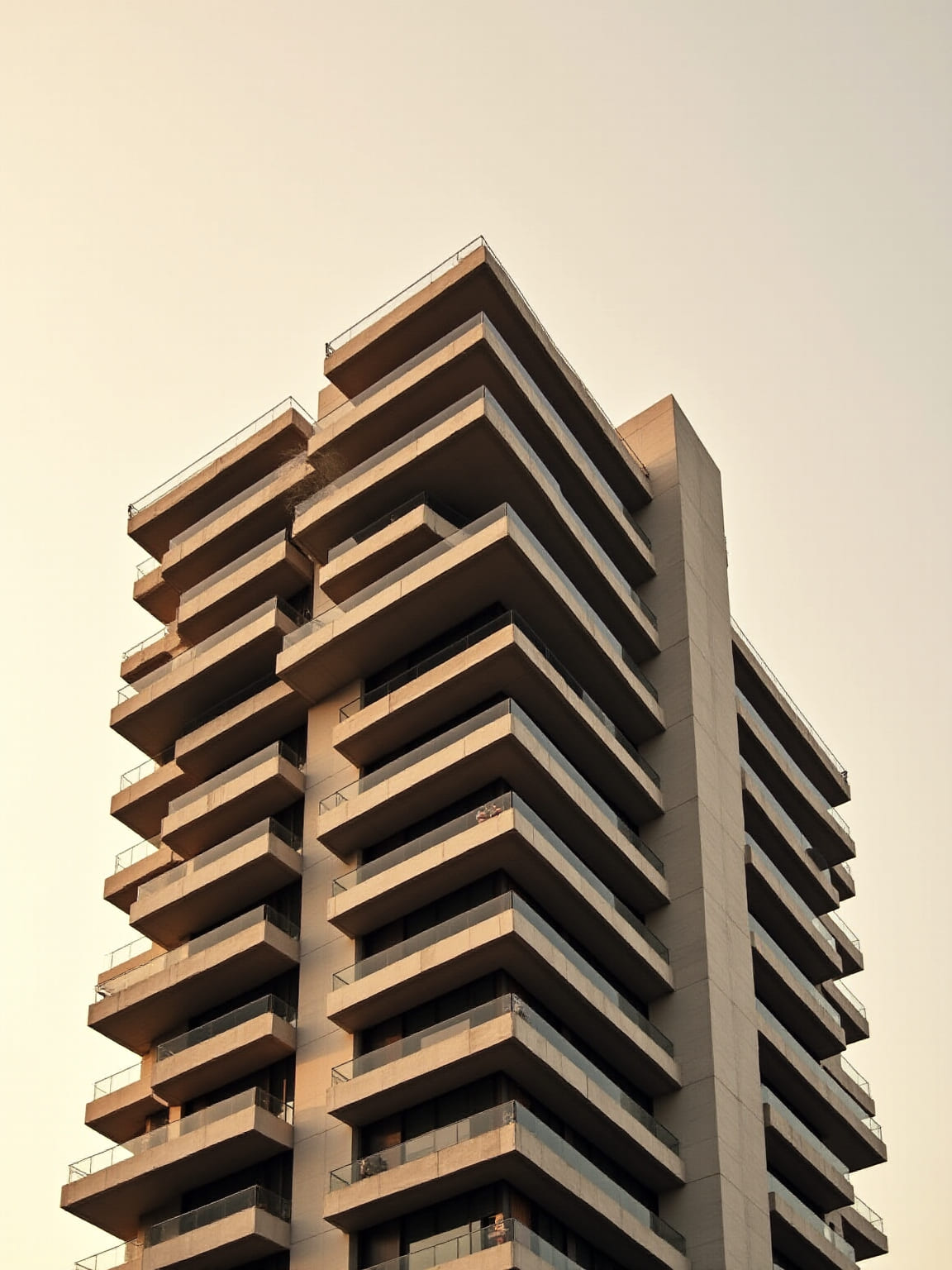 Kademeli balkonlarıyla modern bir konut kulesinin cephe detayı